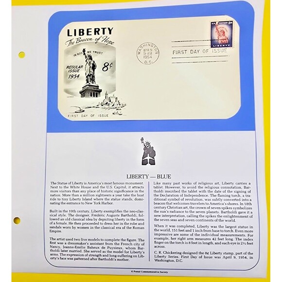 THE BEACON OF HOPE STATUE OF LIBERTY-BLUE FDC STAMP OHIO 1954 - Picture 1 of 3